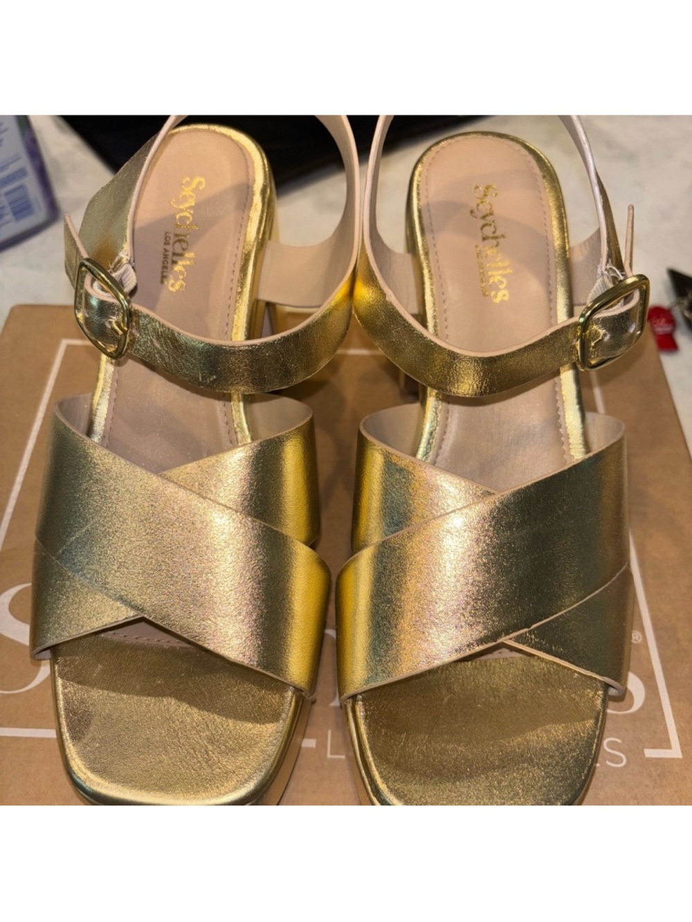 Seychelles Gold Sandals with Cross-Strap Design NWB